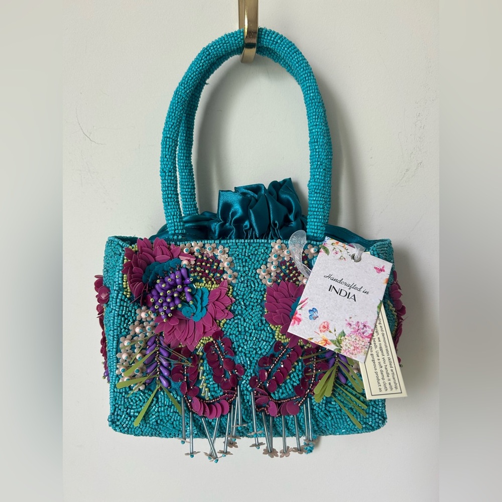 Viral beaded blue Floral Sequins drawstring silk mini tote bag